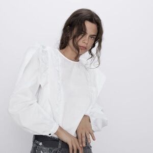 New Zara white poplin ruffled blouse